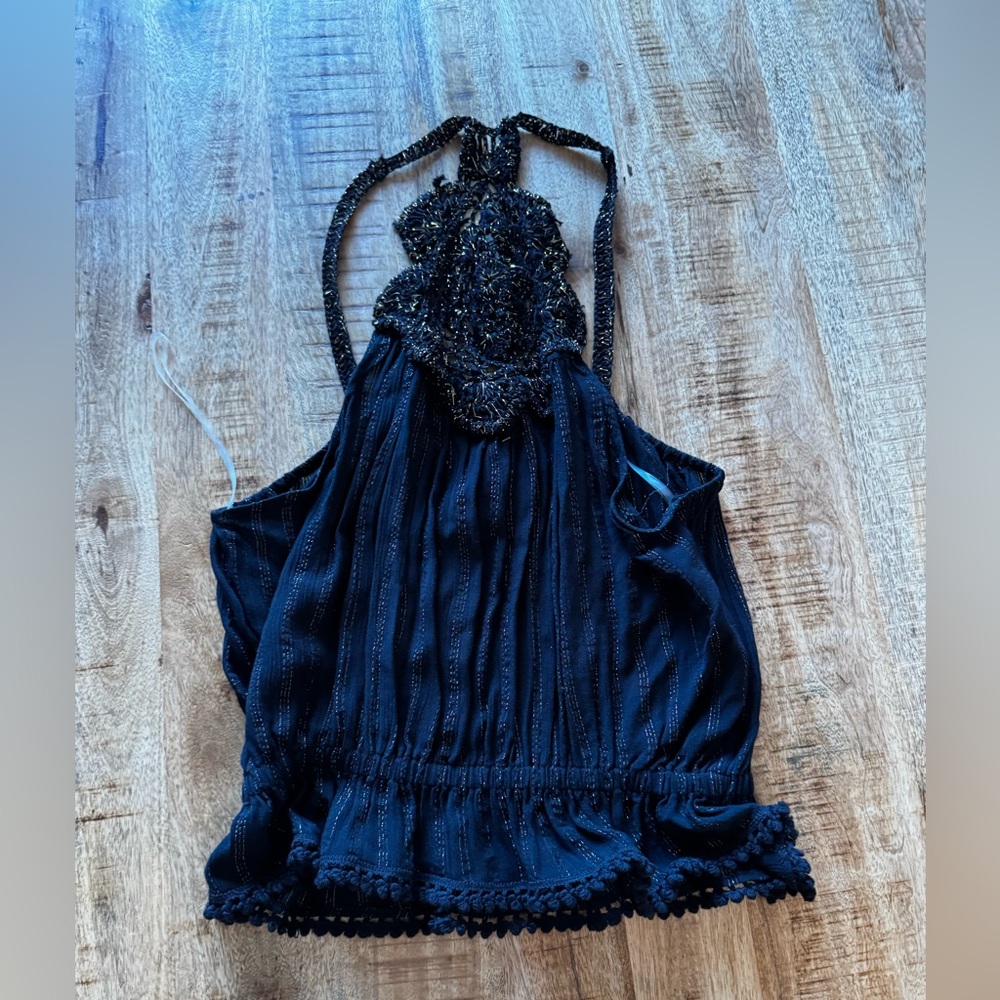Ramy Brook Black Macrame Michaela crinkle lurex Halter tank top Blouse NWT